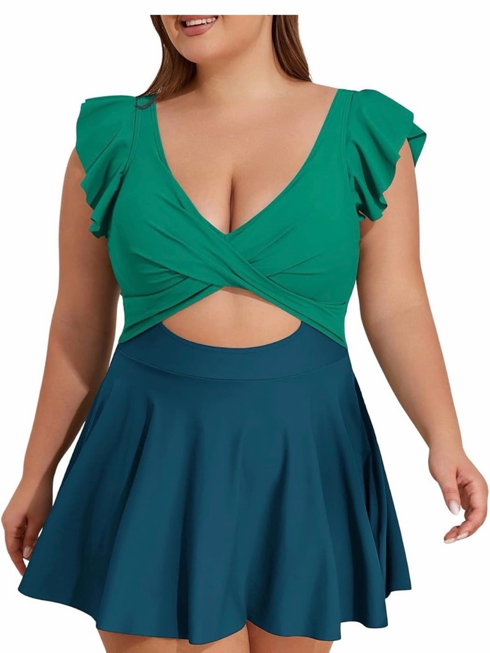 Plus Size Green Cutout One-Piece Swim Dress with Flounce Sleeves